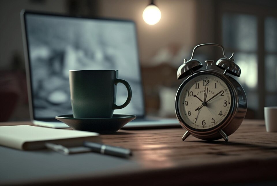 ادارة الوقت - جيل على مدار الساعة مع فنجان قهوة - كمبيوتر محمول - طاولة - عمل - مفهوم الجيل